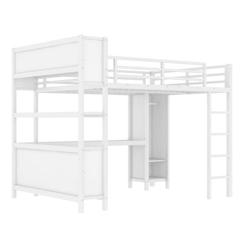 Metal Loft Bed with Wardrobe And L-shaped Desk, Queen Size Loft Bed with Storage Cubes and Shelves