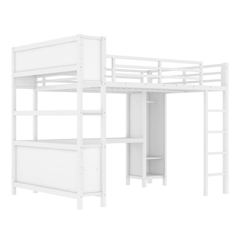 Roomfitters Queen Size Metal Loft Bed with L-Shaped Desk, Wardrobe, Storage Cubes & Shelves, Heavy-Duty Frame