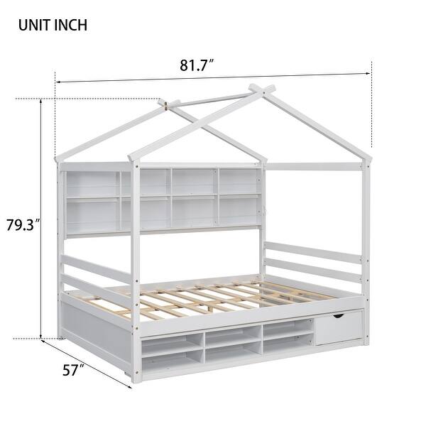 Full Wood House Bed wRoof,Bedside-Shelves,Under Bed Storage Unit,White
