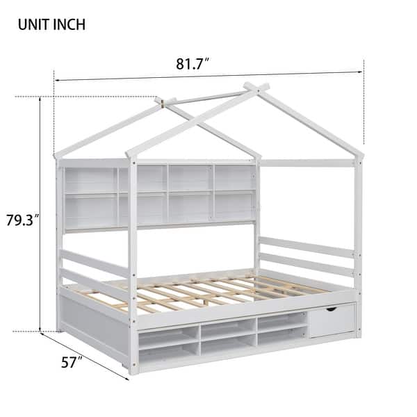White Full Size House Bed with Roof Frame, Bedside-shelves, and Under Bed Storage Unit
