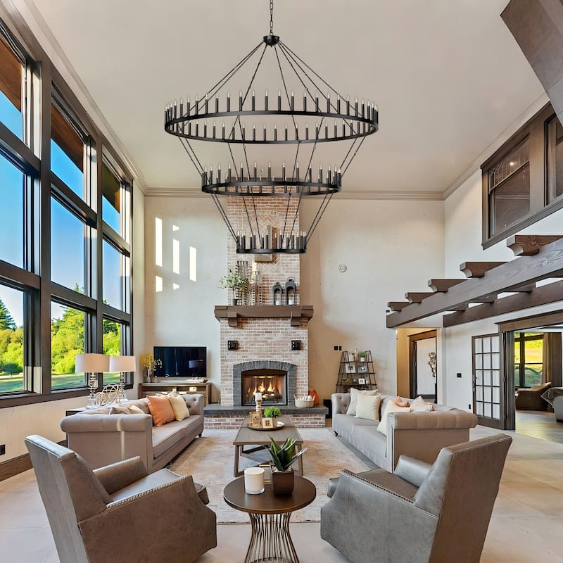 Extra Large Black Wagon Wheel Chandelier - Adjustable Farmhouse Lighting for High Ceilings