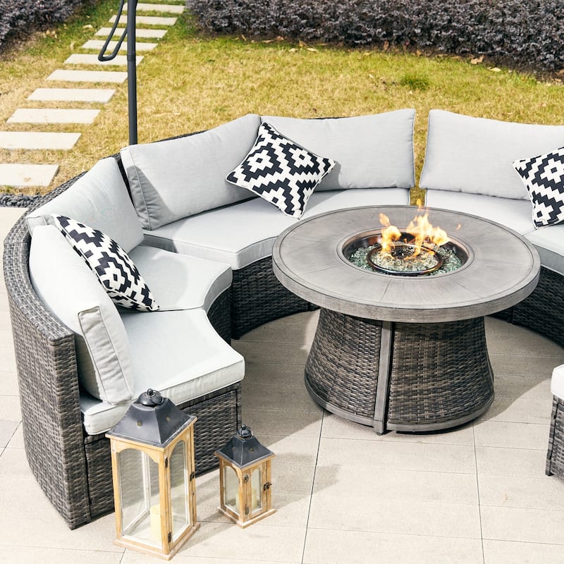 8-Seat Modular Patio PE Rattan Sofa Set with Aluminum Round Fire Pit Table