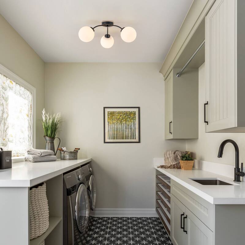 6-Light Brass Semi-Flush Mount Ceiling Light with Opal Glass Shades - 24.2-in W x 9.05-in H