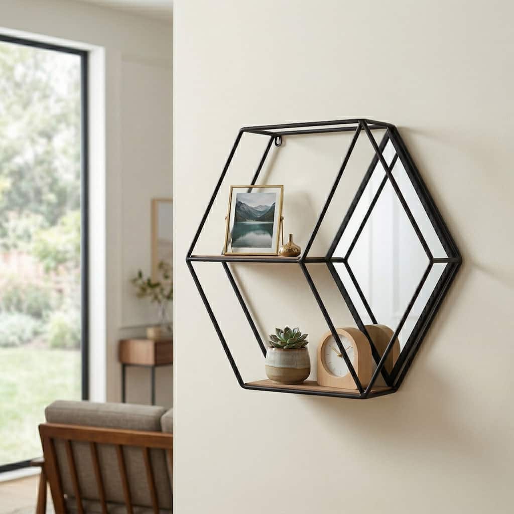 Metal Wood Hexagonal Mirrored Wall Storage Shelf