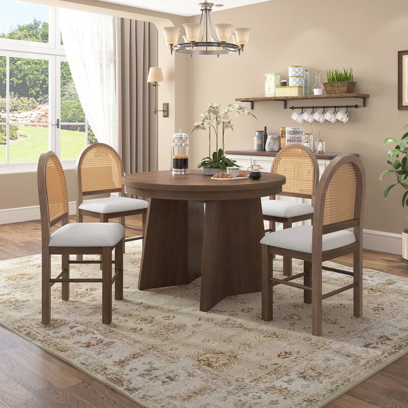5-Piece Round Dining Set with 4 Upholstered Chairs and Extendable Table for Family Meals and Gatherings