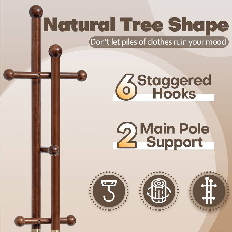 Freestanding Coat Rack Wooden Coat Tree with 6 Hooks and 2 Main Rods - 73.23"H x 15.75"W