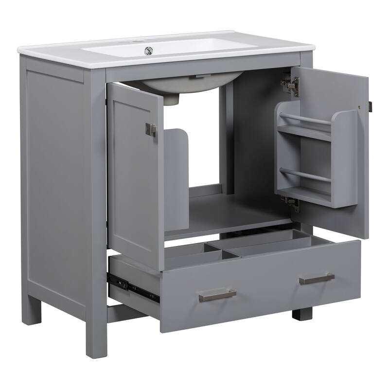30 Inch Freestanding Bathroom Vanity with Rectangular Ceramic Sink, Two Doors, and Storage Drawer - Elegant Finish