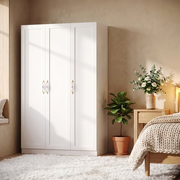 slide 2 of 13, 3 Door Wardrobe Closet with 2 Hanging Rods and 5 Shelves, 47.2" White Armoire Wardrobe Freestanding Clothes Storage Cabinet