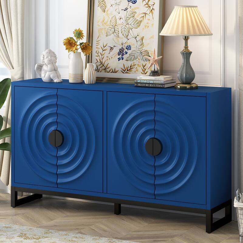 Modern Minimalist Water Ripple Buffet Cabinet, Storage Cabinet, Sideboard with Rubberwood Veneer, for Living Rooms - Blue