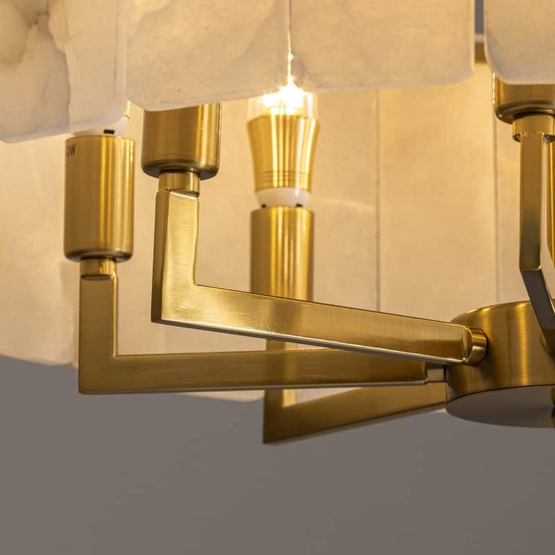 Modern 8-Light Round Gold Brass Chandelier with Marble Alabaster 23.6-Inch Drum Pendant Ceiling Light with Adjustable Chain