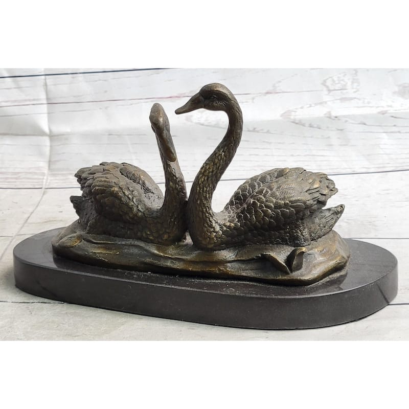 Pair Of Swans Romantic Love Bronze Sculpture Statue Figure Decor On Marble Base Signed Milo