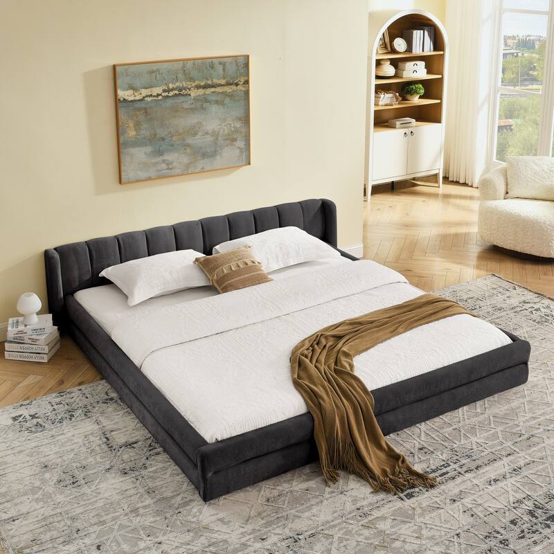 King Size Upholstered Bed Frame with Thick Fabric, comfortable upholstered bed frame, Chenille fabric, with headboard