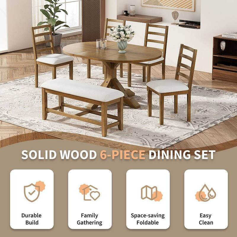 6 PCS Farmhouse Dining Table Set for 6 with Extendable Oval Table