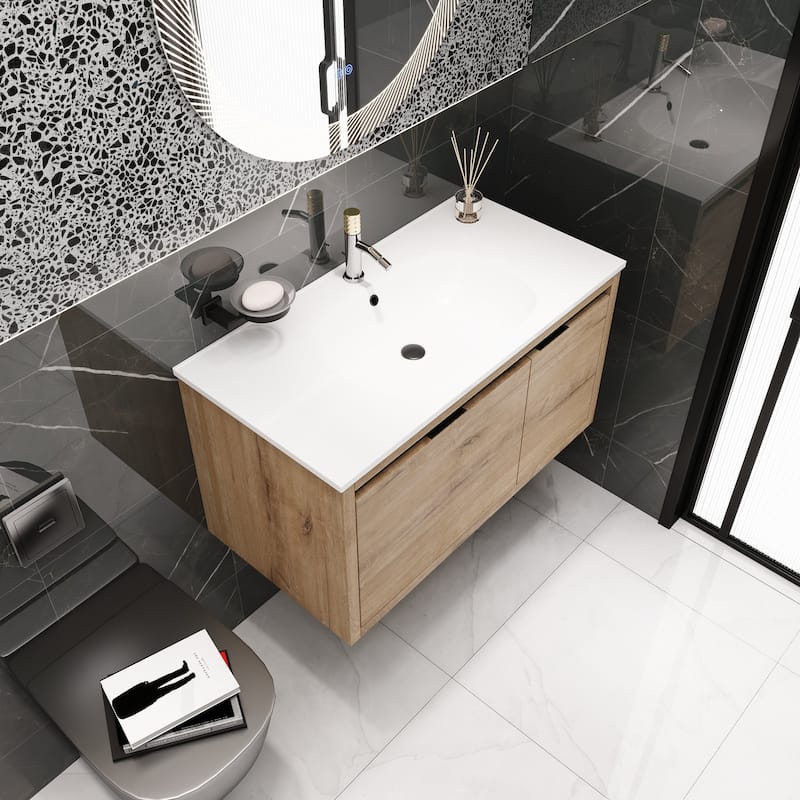 36 Inch Wall Mounted Plywood Bathroom Vanity Set with Integrated Gel Basin and Door