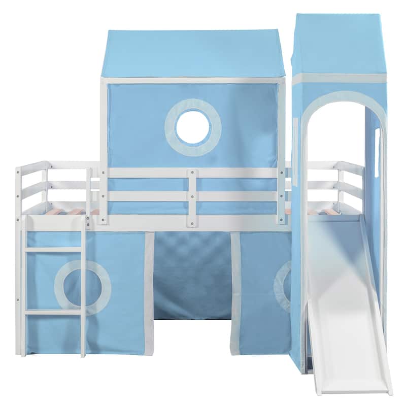 Twin Size Low Loft Bed with Slide & Play Tower, Solid Wood Floor Playhouse Bed Frame w/Tent & Window Design for Kids Girls Boys