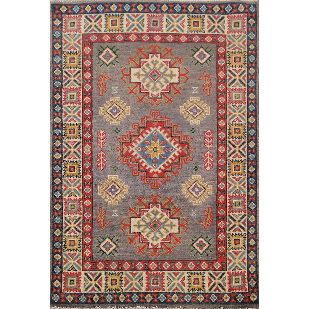 Gray Kazak Foyer Rug Hand-Knotted Wool Carpet - 2'9"x 4'1"