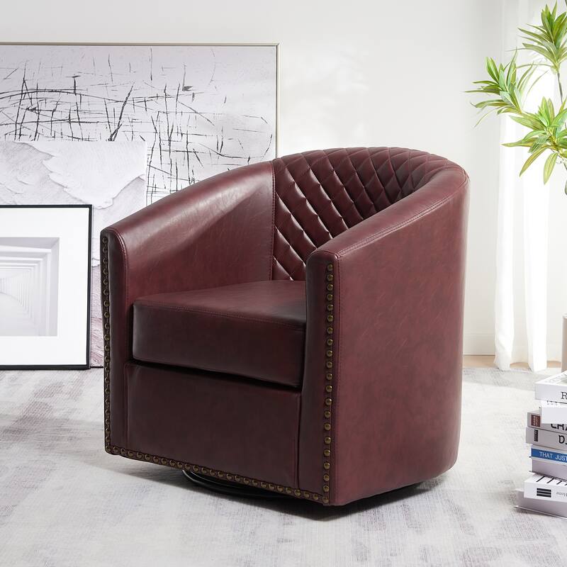 KINWELL 29" Wide Tufted PU Leather Swivel Barrel Chair