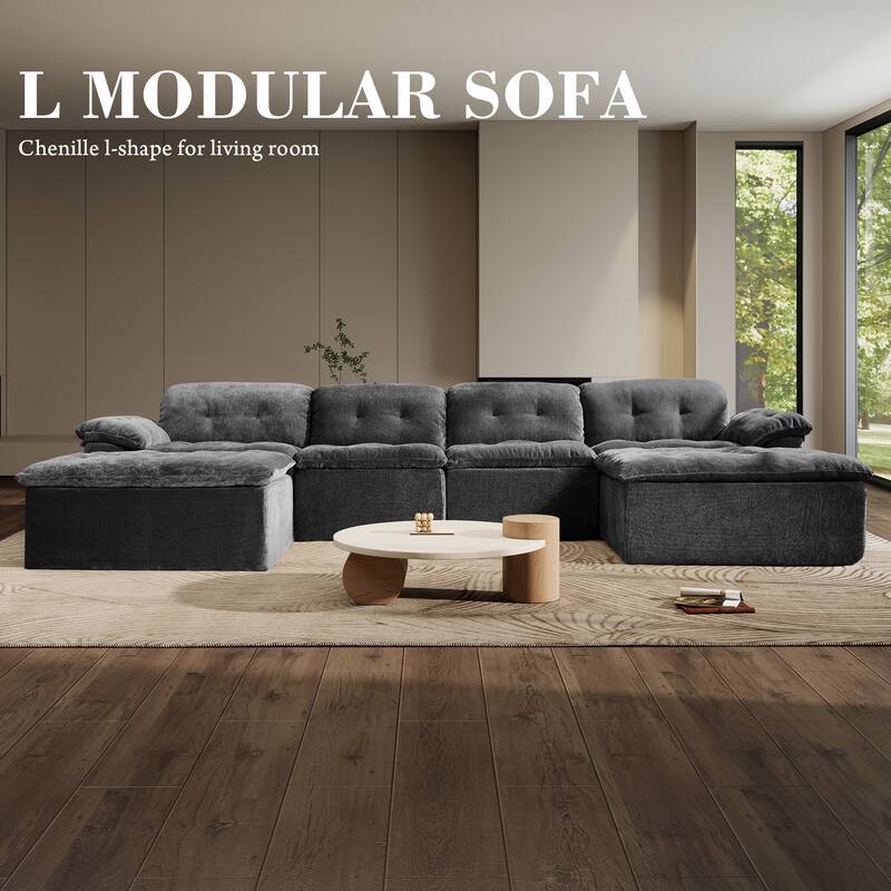 Rossetta 4-Seater Chenille Upholstery Modular Convertible Design Generous Seating Cushioned Sofa with 2 Versatile Ottomans