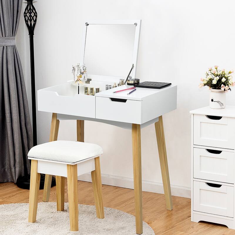 Wooden Vanity Table with Flip Top Mirror Makeup Table and Stool Set