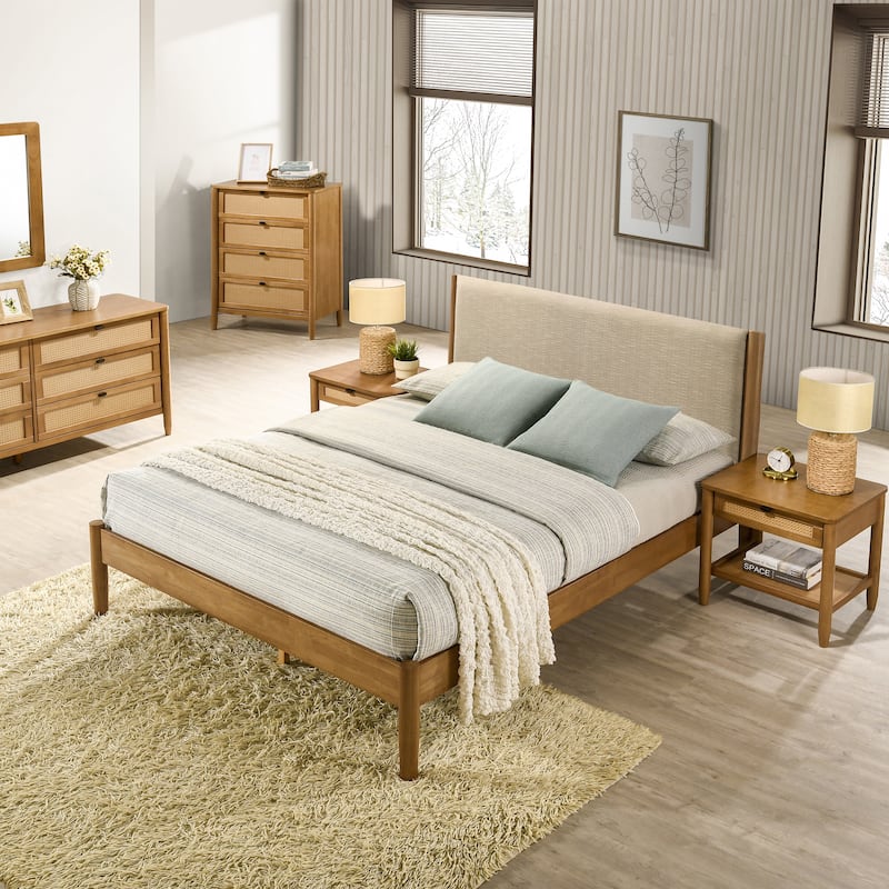 Roundhill Furniture Vichy 6-Piece Rattan Bedroom Set with Upholstered Bed, Dresser, Mirror, 2 Nightstands, and Chest