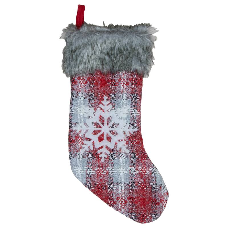 18-Inch Red and White Plaid Faux Fur Christmas Stocking with Snowflake - 18"