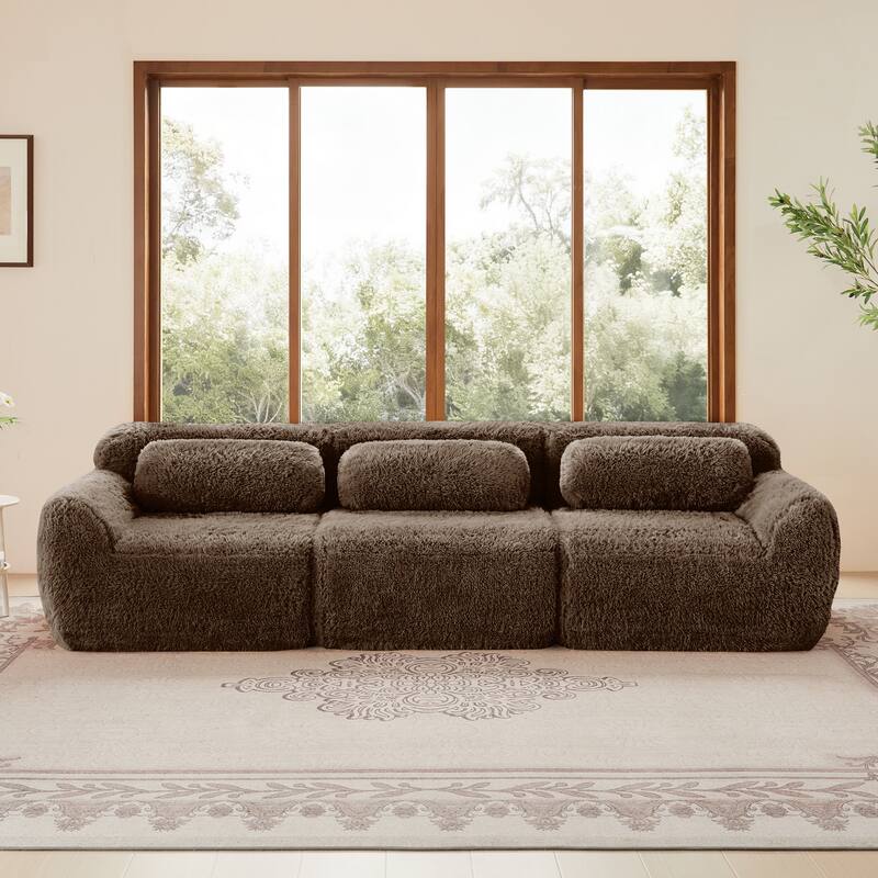Roomfitters 114 Inch Modular Floor Sofa, Fluffy Plush Sectional with Ottoman, Chocolate - Chocolate 114''