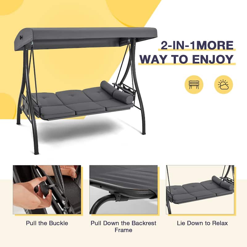 3-Seat Patio Swing with Adjustable Canopy, 750lbs Heavy Duty, Convertible Outdoor Bed, All-Weather, Cup Holders & Thick Cushions