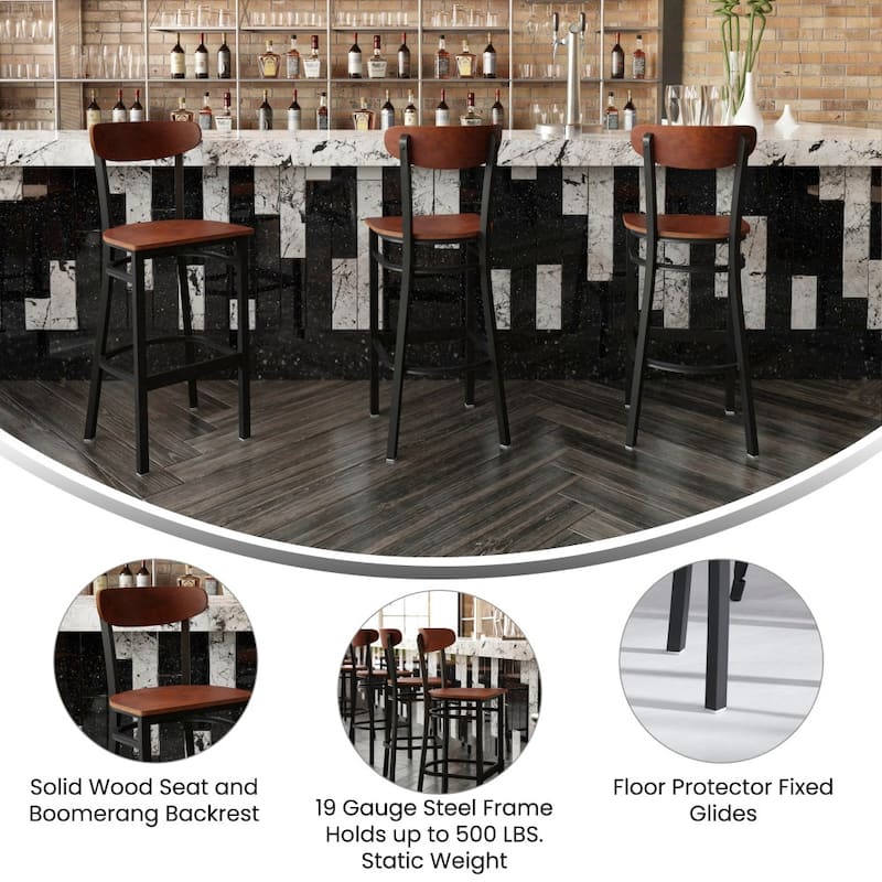 Commercial Metal Barstool with Wood Seat and Boomerang Back