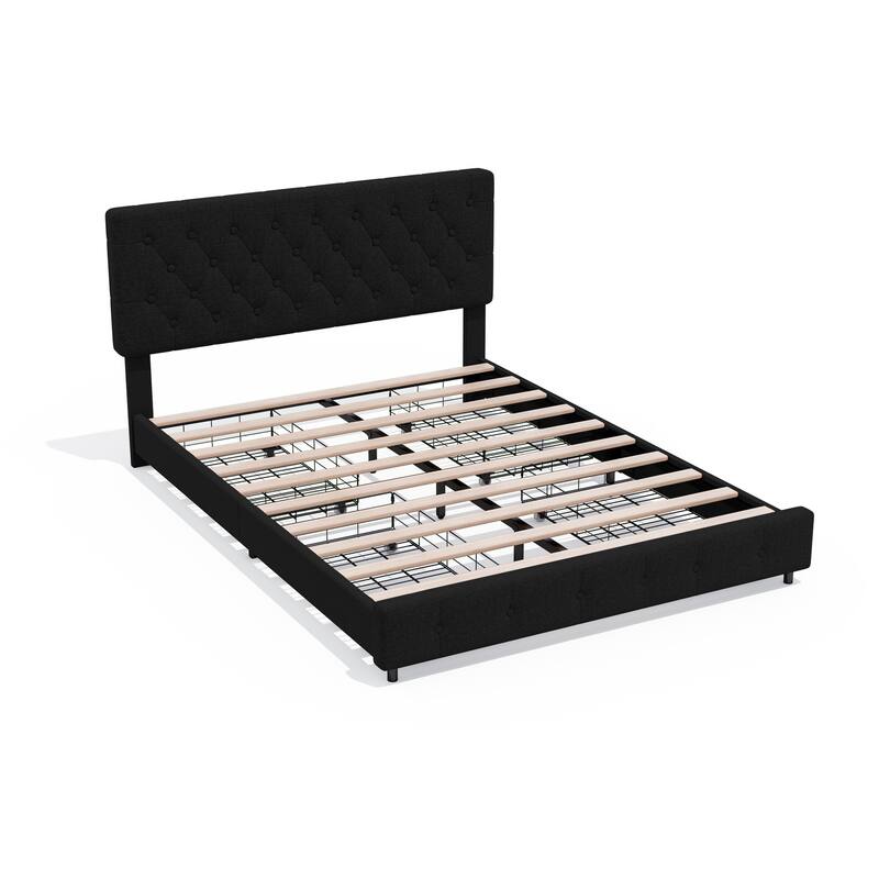 Linen Upholstered Headboard Bed Frame with Large Hidden Storage, 4 Underbed Drawers with Pulleys - Black - Queen