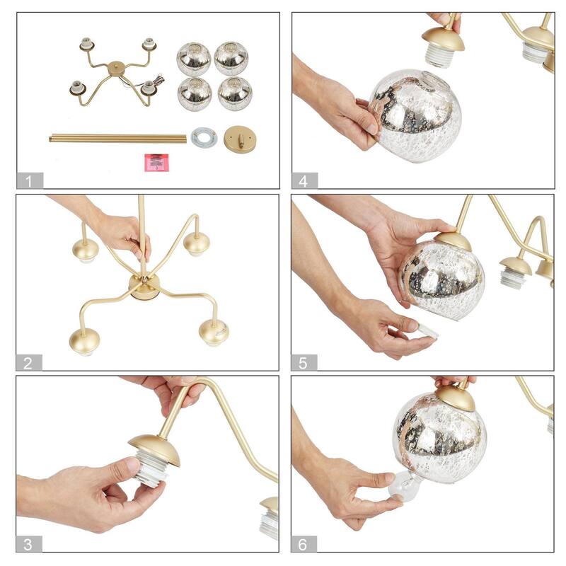 Ziv Mid-Century Modern 4-Light Gold Chandelier with Mercury Glass Shades - 20.5" D x 8.5" H