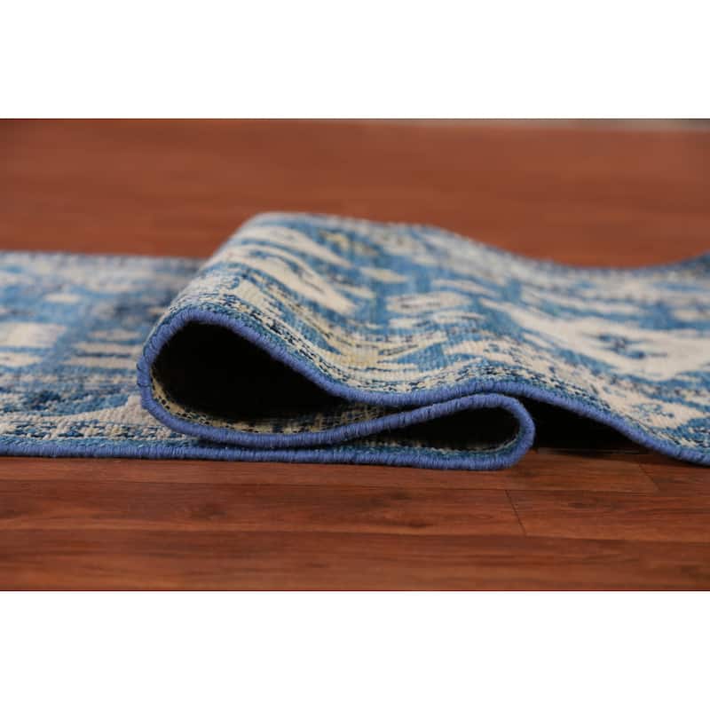 Hand Knotted Oriental 100% Wool Carpet Transitional All-Over Navy Blue & Blues Oushak Runner Rug - 16' 7'' X 2' 7''