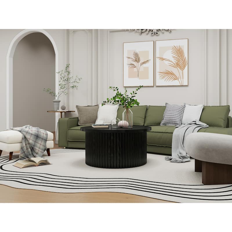 Round Coffee Table with Wood Grain Vertical Stripes, Small Fluted Circle Side Table, Center Table with Adjustable Feet