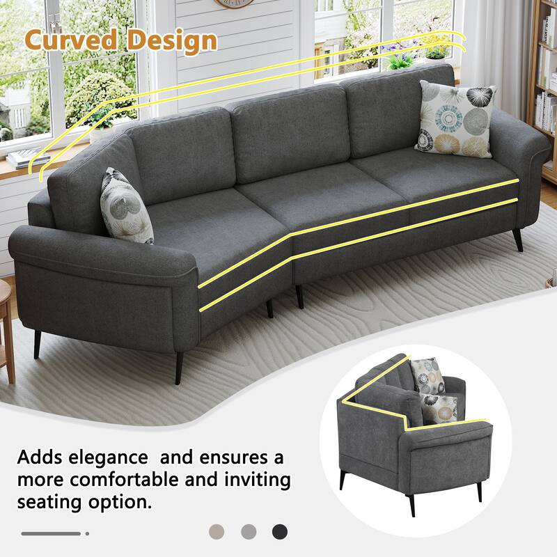 111" Chenille Curved 3-Seater Sofa with Removable Patterned Pillows