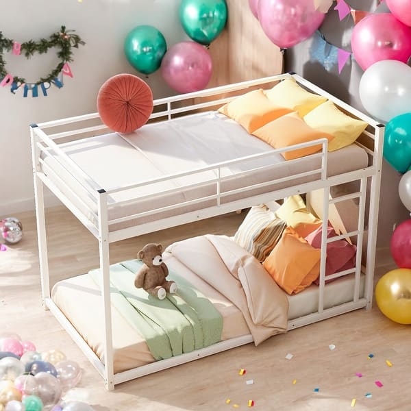 slide 2 of 35, Twin Over Twin Convenient Metal Bunk Bed,Low Bunk Bed With Ladder for Home White