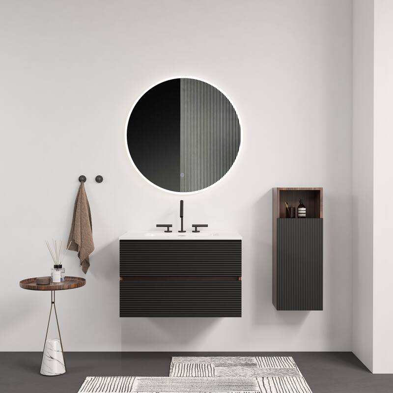 30" Wall Mounted Soft Black & Walnut Bathroom Vanity with Integrated Ceramic Sink with 3 holes - Black+Brown