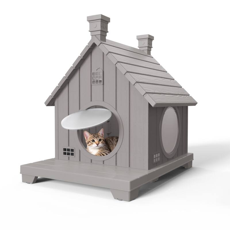 Slanted Roof Cabin Pet House with Porch, Multi-Level Stackable Shelter for Indoor Outdoor Use, for Cats Small Dogs Rabbits - Brown A