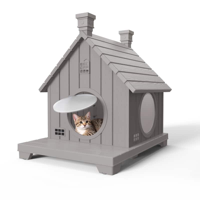 Slanted Roof Cabin Pet House with Porch for Indoor Outdoor Use, for Cats Small Dogs, Rabbits - BROWN