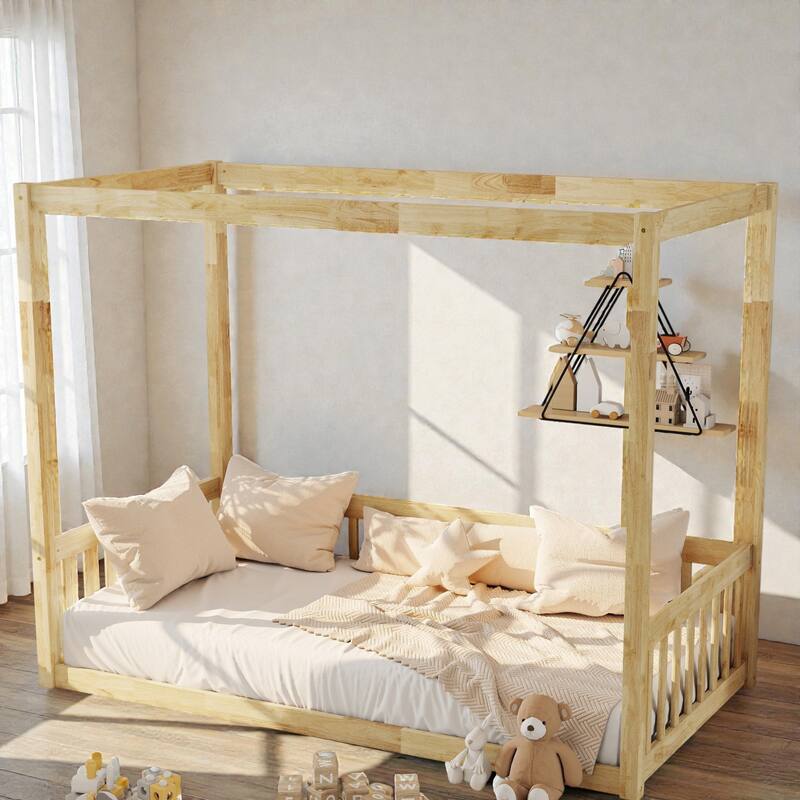 Twin Size Wooden Canopy Floor Bed with Guardrails and Fence, Low Profile Kids Bed Frame, No Box Spring Needed