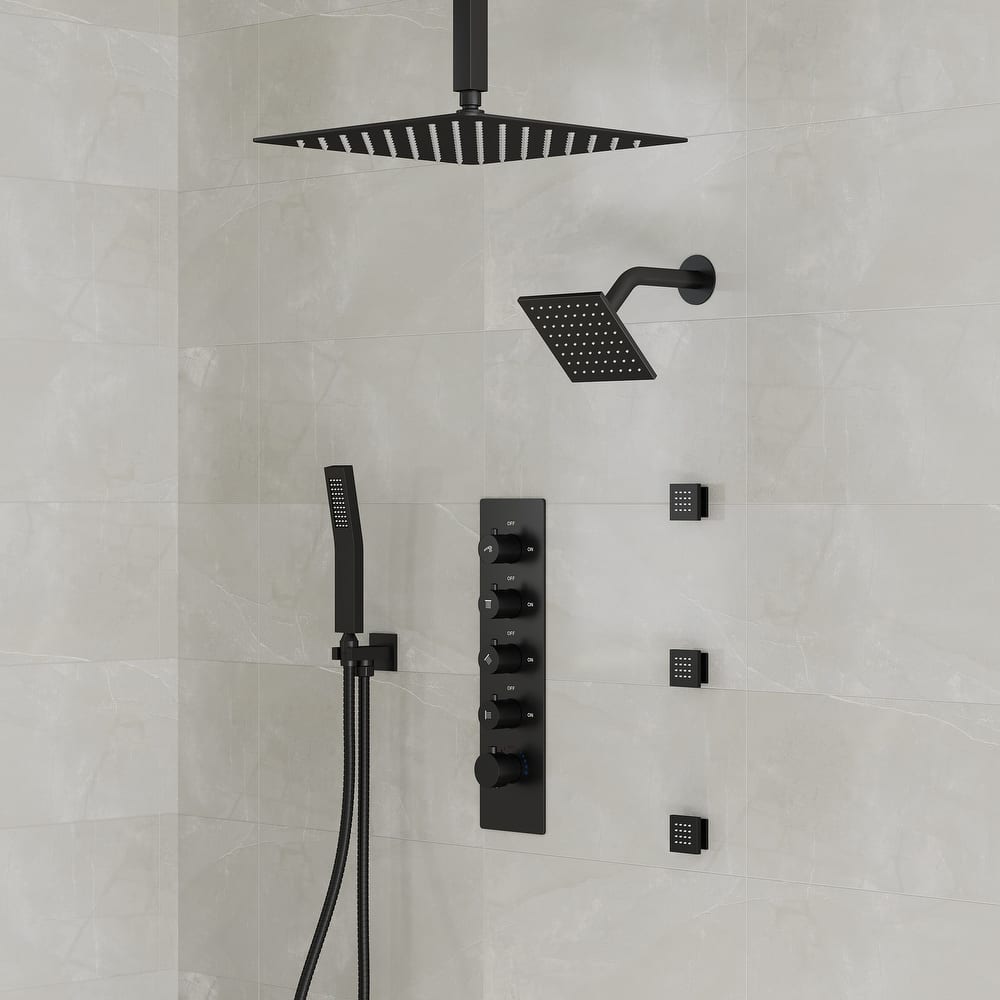 Dual Heads 16" Rainfall & High Pressure 6" Shower Head 3 Way Thermostatic Faucet System w/ 3 Body Jets