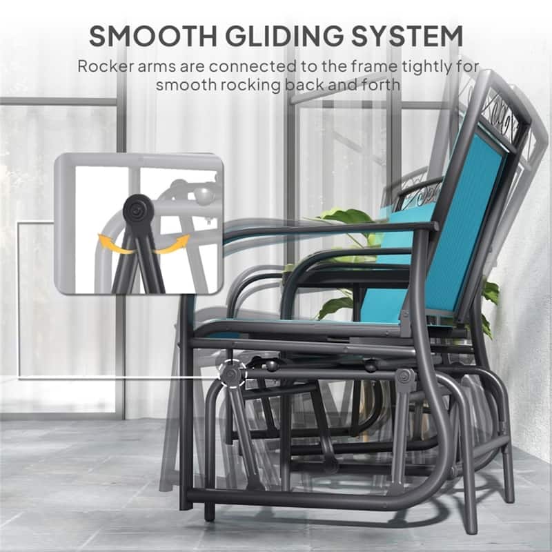 Two Seater Outdoor Glider with Table Steel Frame Tempered Glass and Mesh Fabric - 76.75" L x 33.75" W x 35.75" H