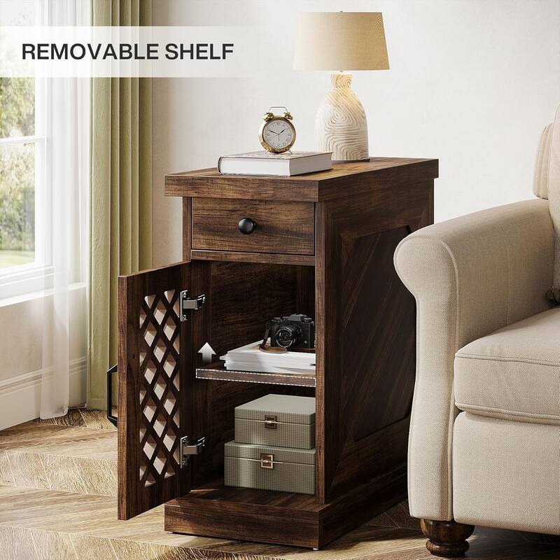 Narrow End Table with Drawer & Cabinet, 11.8" Slim Nightstand for Small Spaces, Farmhouse Side Table with Storage Shelf