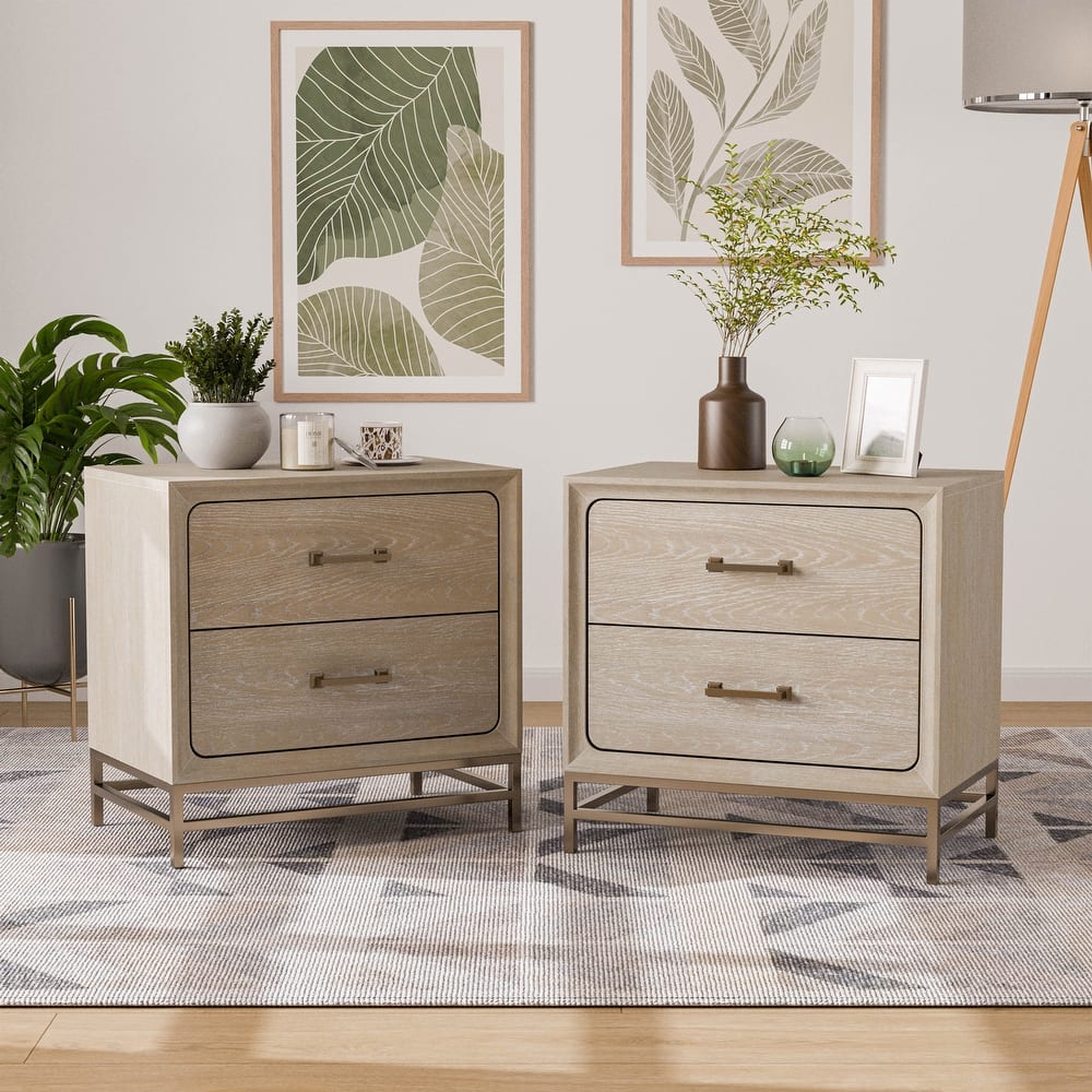 Furniture of America Drayden Transitional Oak Solid Wood 2-Drawer Nightstand, Set of 2