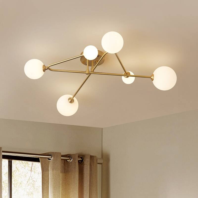 Modern 6-Light Crossing Arm Frosted Glass Globe Semi-flush Mount - Brass