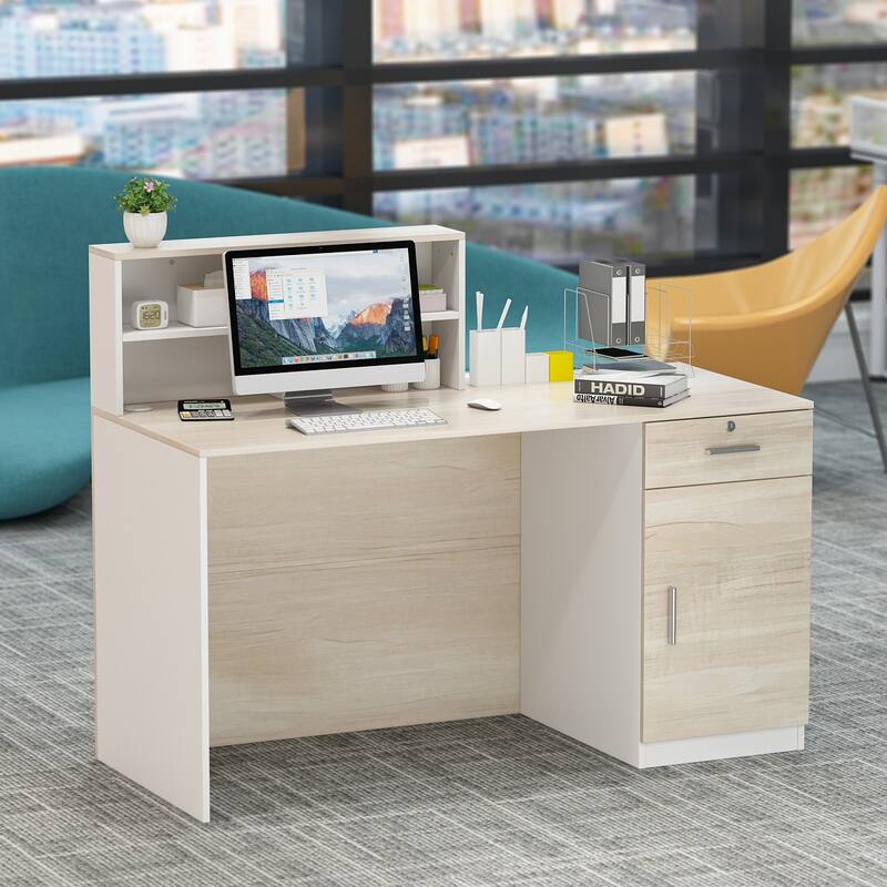 55.1"W 43.3"H Rectangular Wood Reception Desk With Lockable Drawer