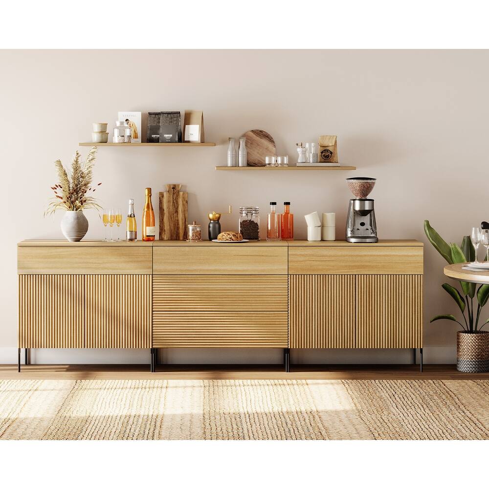 94.5" Modern Reeded Minimalist Sideboard With Doors And Drawers, 3-In-1 Wooden Credenza