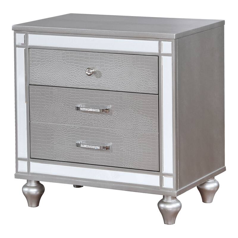Derc Glam Solid Wood 3-Drawer Nightstand by Furniture of America - Silver