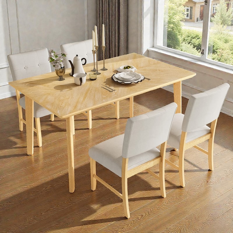5-Piece Rustic Farmhouse Dining Set, Solid Wood Rectangular Table with 4 Upholstered Chairs for Kitchen & Dining Room
