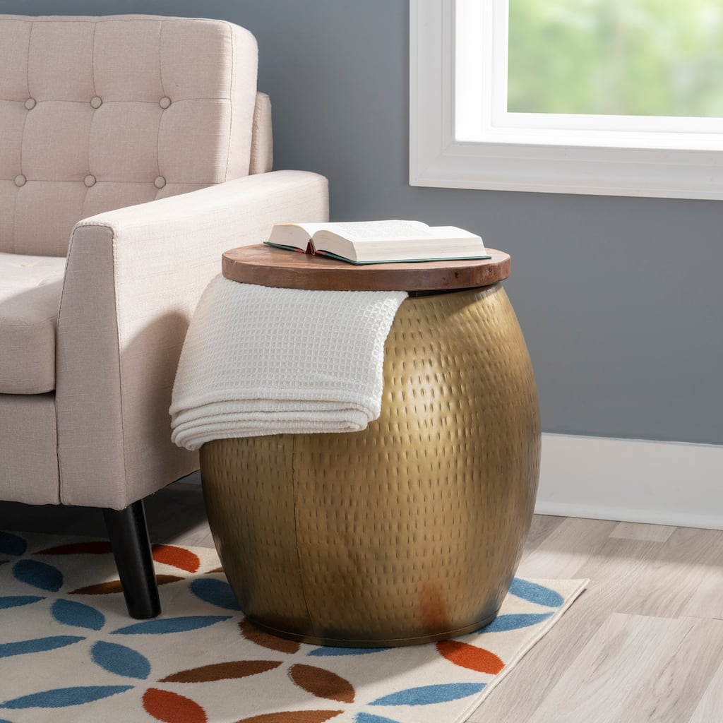 Linon Kayvon Drum Side Table with Storage Gold