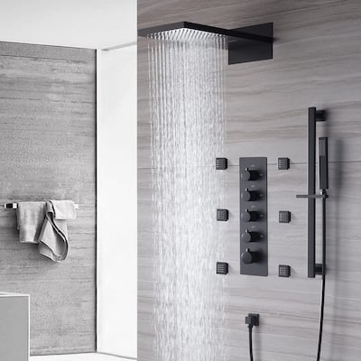 Matte Black 22" Rainfall Waterfall Thermostatic Shower Faucet System w/ Jets, Sprayer, Slide Bar - Matte Black