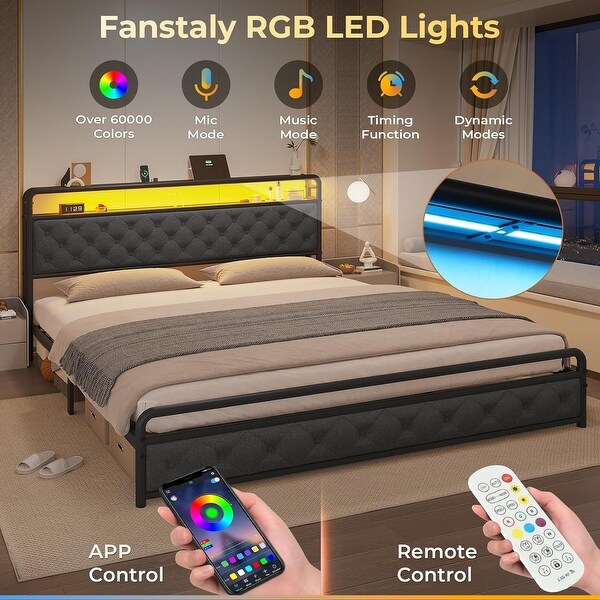 Bed Frame LED Light Headboard Platform Bed Frame Faux